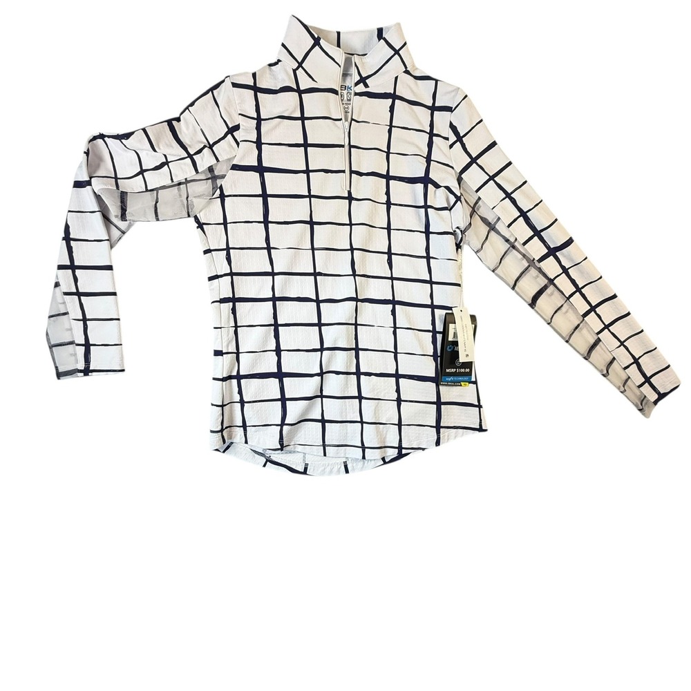 IBKUL Long Sleeve Zip Mock Neck Women's XS White Navy NEW Cordova Grid  UPF 50+